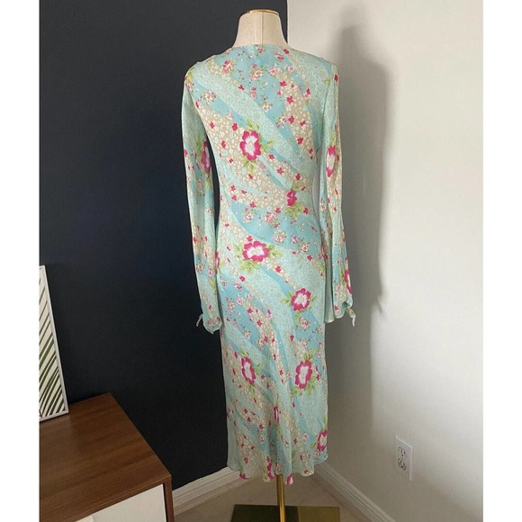 Carrie Hutton Y2K V-Neck Floral Flowy Midi Dress Cut Out Sleeves - Picture 15 of 15